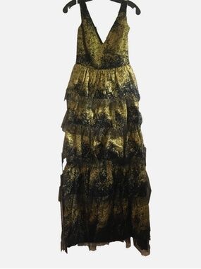 Marchesa Notte Gown Sleeveless V-Neck Black Gold Glitter Tiered Tulle Size 0 NWT